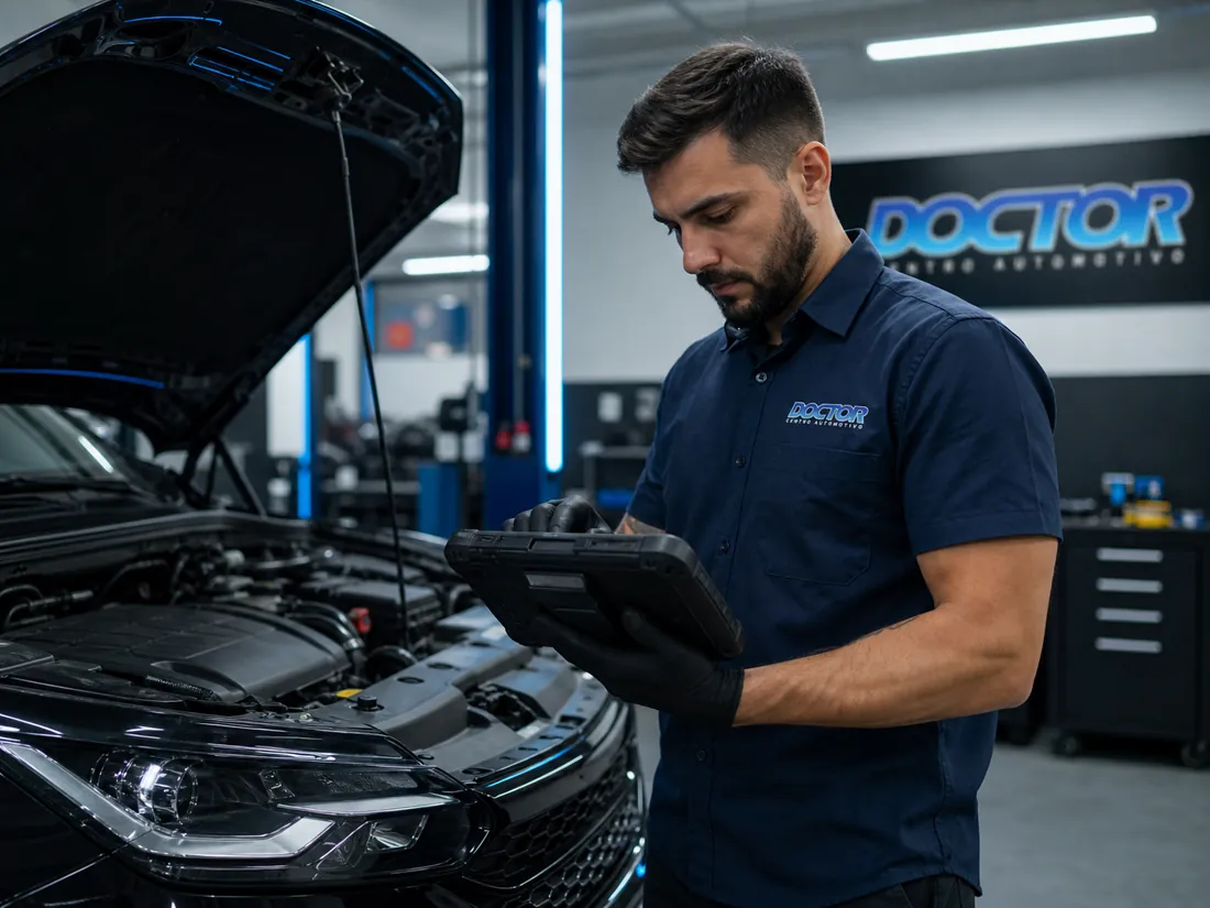 Profissional da Doctor realizando diagnóstico eletrônico em automóvel