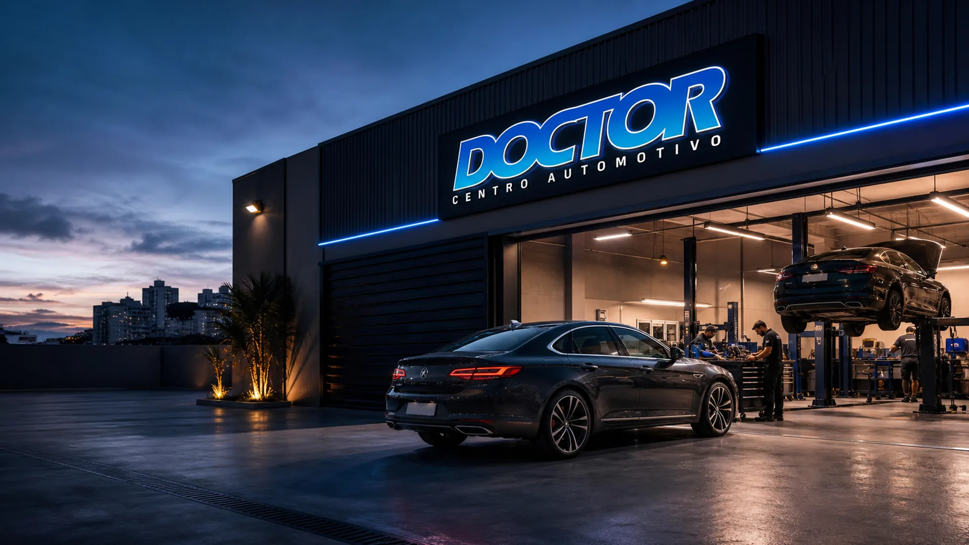 Fachada da Doctor Centro Automotivo com oficina moderna